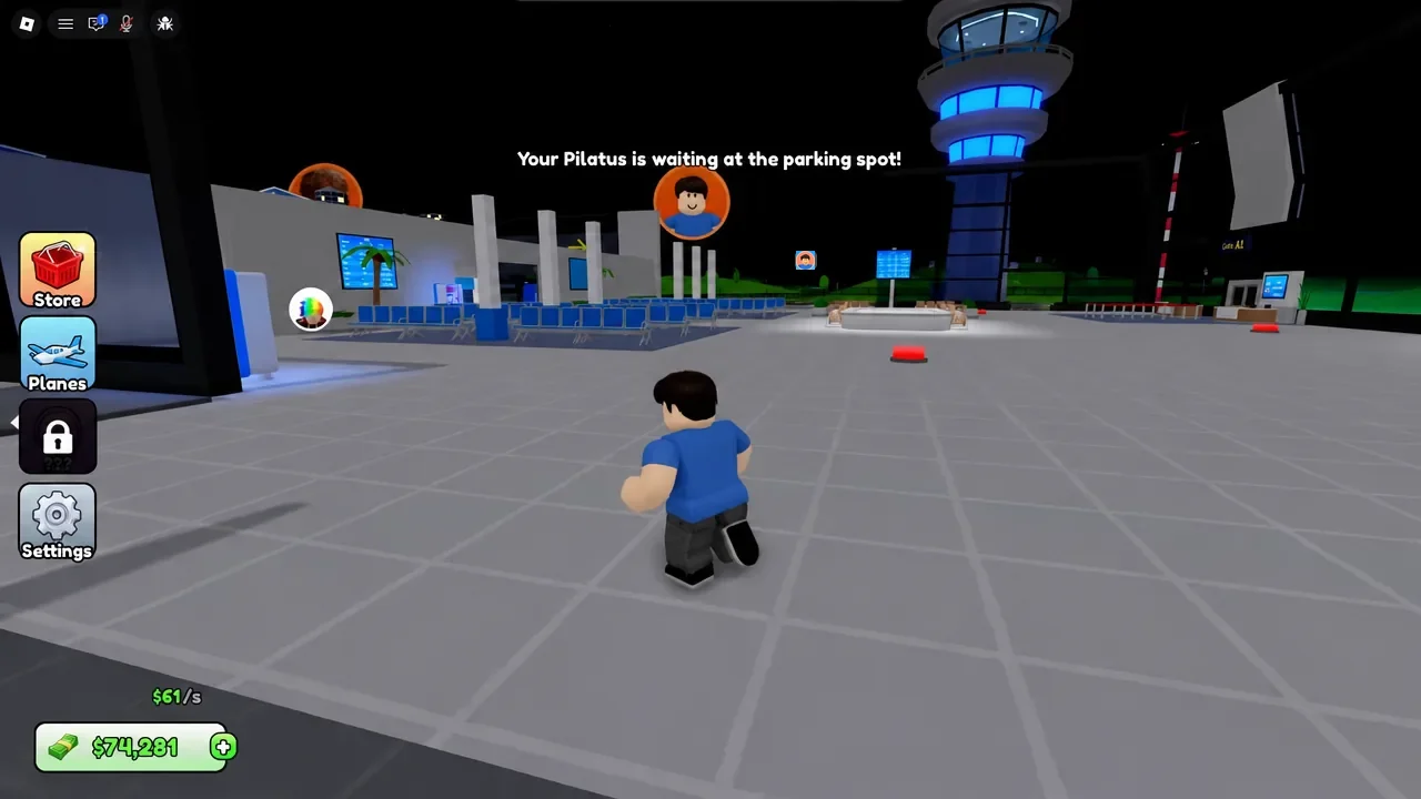 Player running toward the tarmac parking spot with the Store and Planes buttons on screen