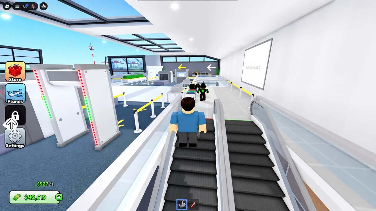 Player riding the escalator up to the second-floor gates with the Store, Planes and Settings buttons on the left