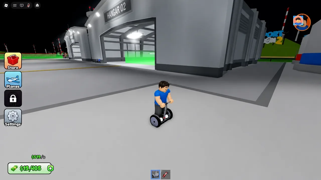 Player riding a Segway past Hangar 02 while exploring outside the terminal