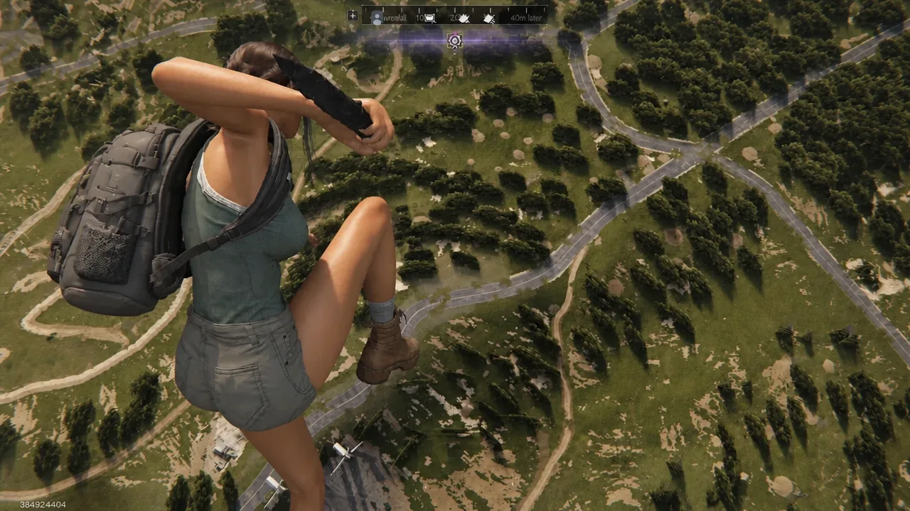 Player character dropping through the air over the open map with the status HUD visible