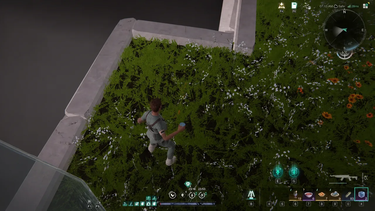 Inventory hotbar with a blue tactical item highlighted as the character equips it