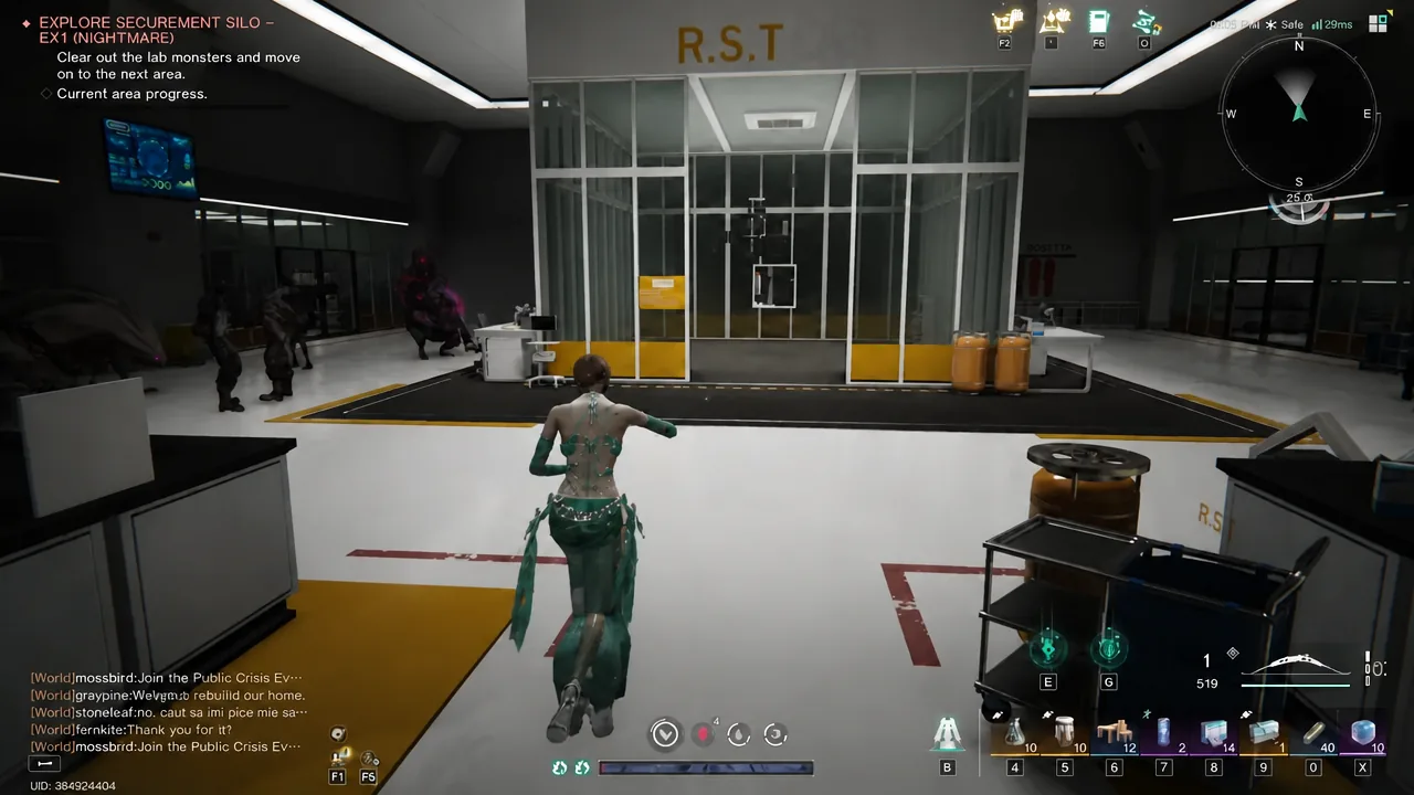 Player moving through a Securement Silo lab corridor with the EX1 Nightmare objective active