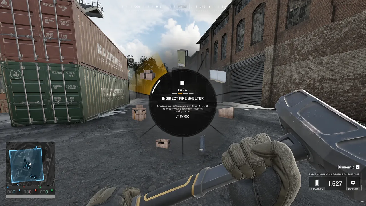 Build selection wheel with the Indirect Fire Shelter option highlighted