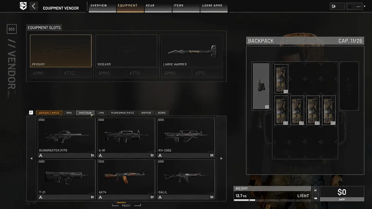 Equipment vendor screen with the primary weapon slot selected and weapon options listed