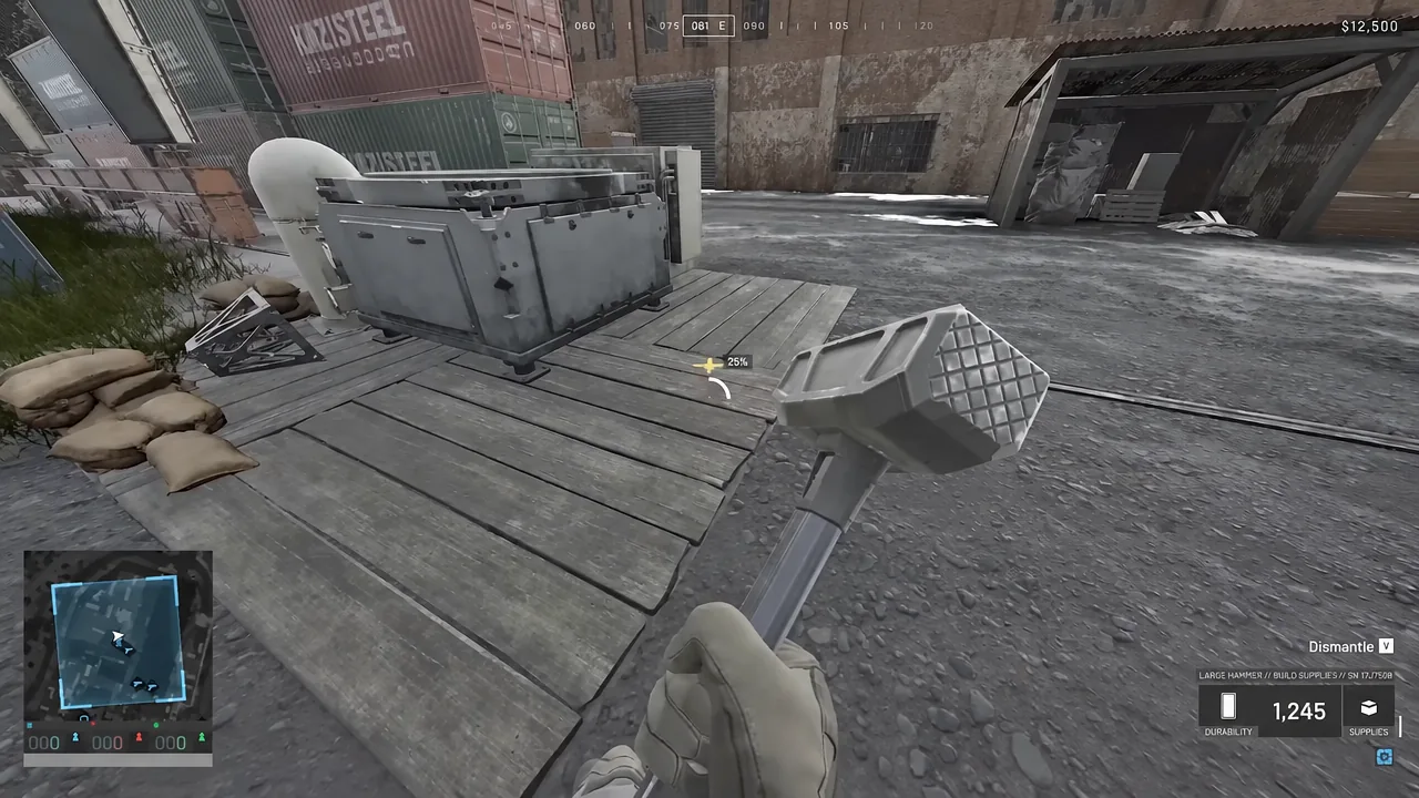 Large Hammer equipped while dismantling a build supplies crate, with progress showing 25 percent