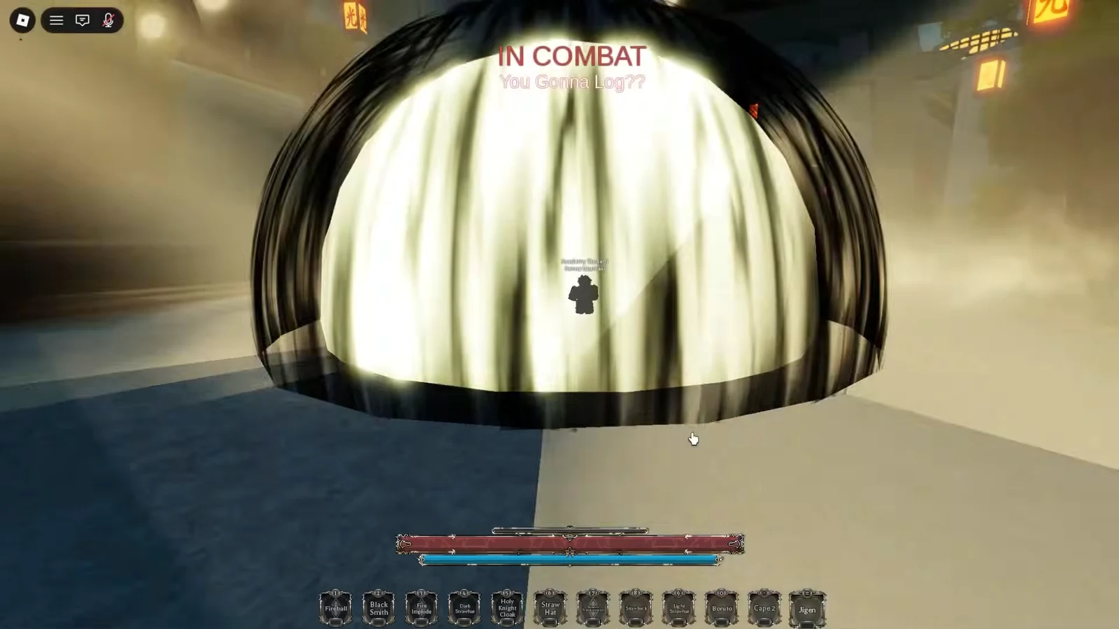 Player fighting beneath a large glowing barrier while the IN COMBAT warning is displayed in Shinto