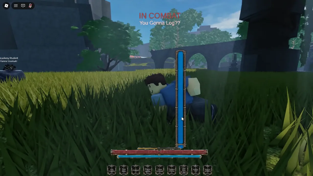 Shinto gameplay with the IN COMBAT state active and the blue combat meter showing in tall grass