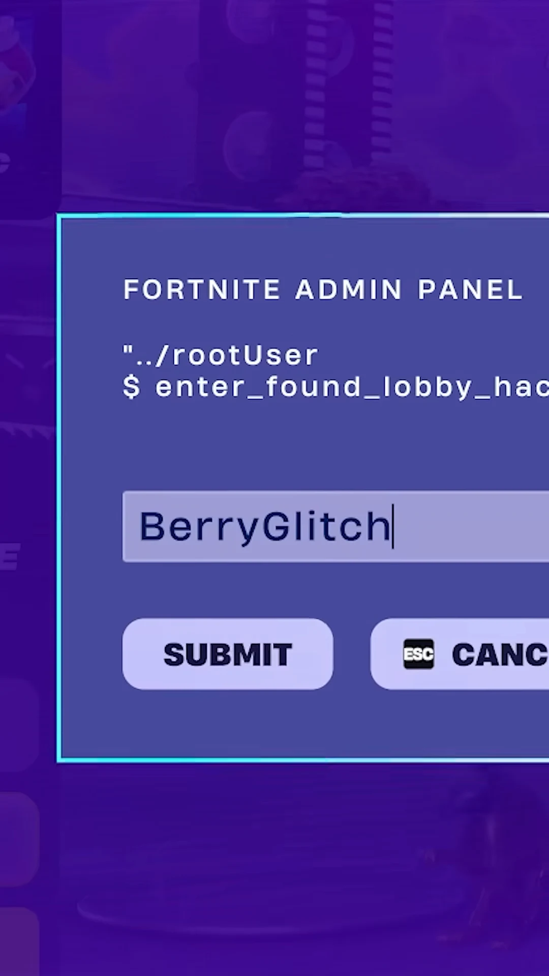 Fortnite Admin Panel with BerryGlitch typed into the code field before hitting Submit