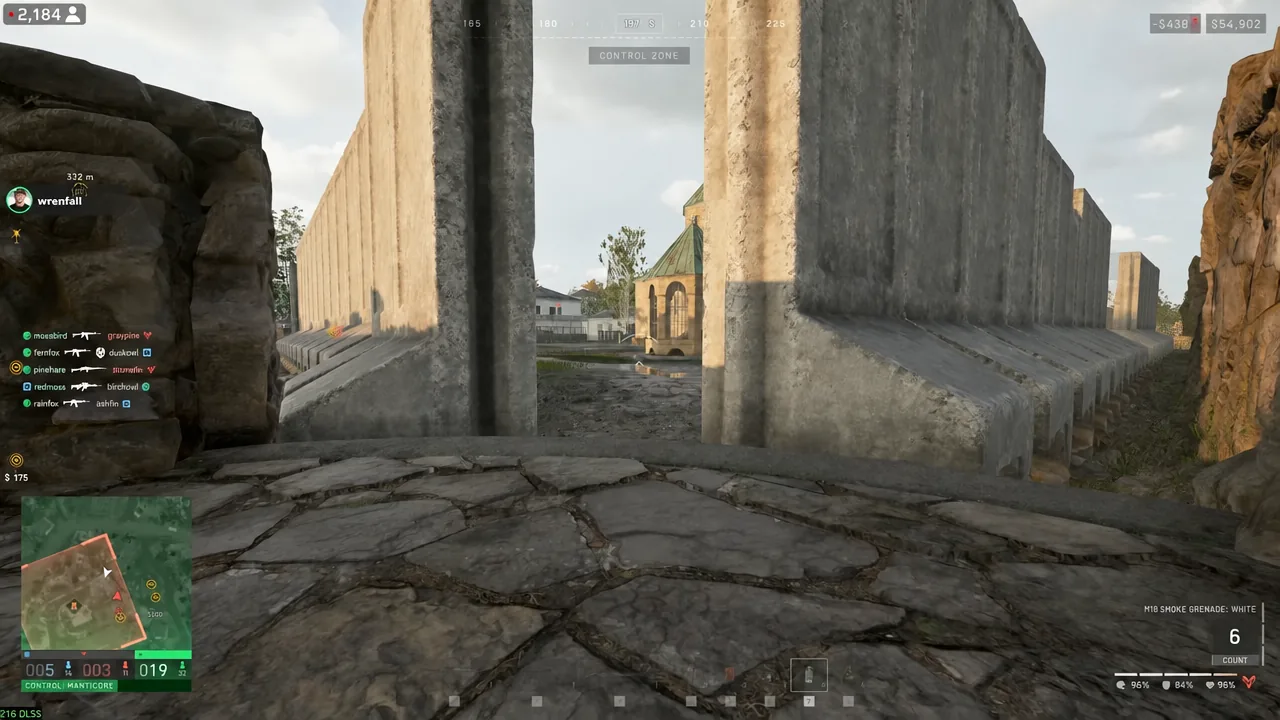 M18 white smoke grenade equipped while aiming through a concrete opening