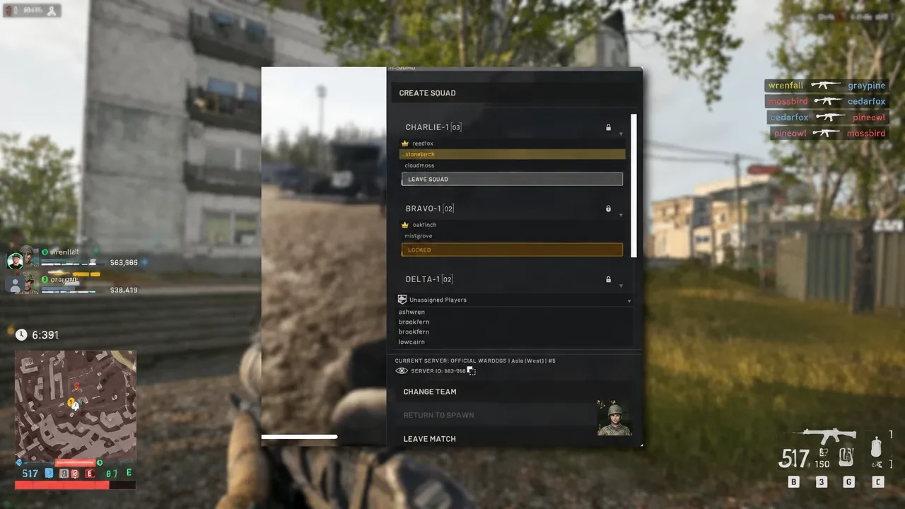 Squad menu used to join a squad and unlock the private radio channel