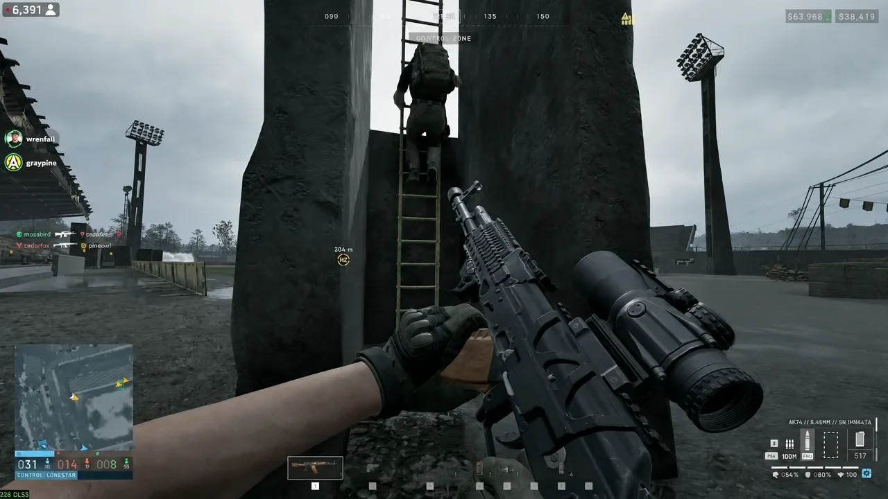 Player reloading an AKS-74 in the Control Zone as a teammate climbs a ladder