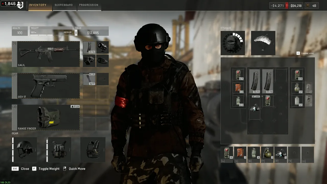 Inventory tab open showing equipped weapons, gear and storage slots