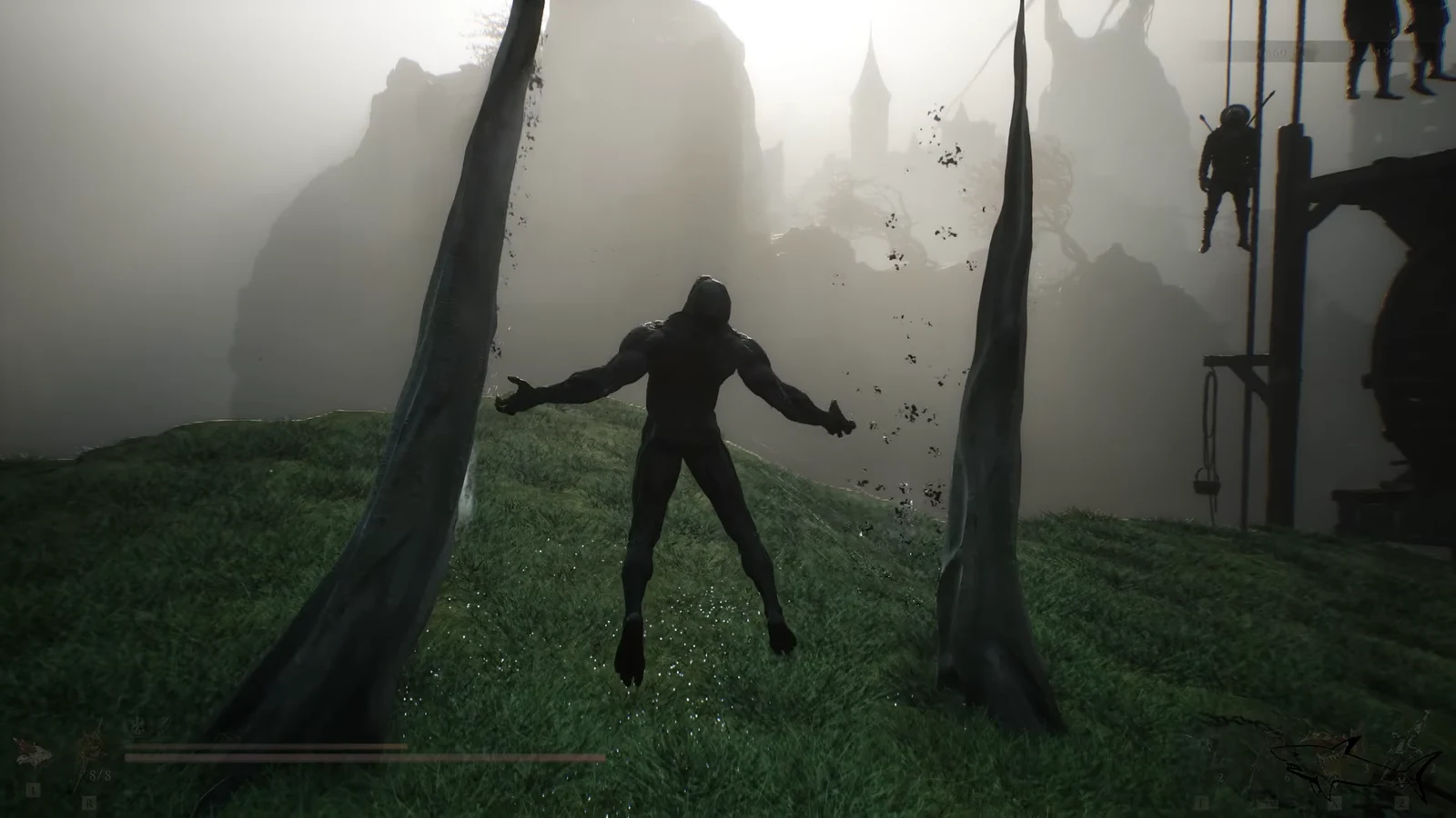 Player character suspended between huge roots as black particles drift through the fog