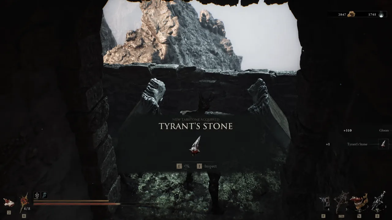 Tyrant's Stone pickup prompt with the options to confirm or inspect the item