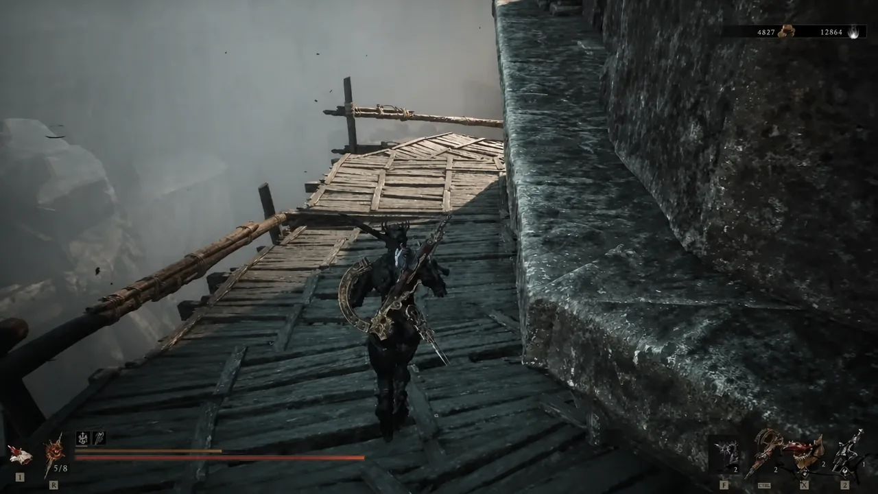Player crossing a narrow wooden walkway built into the cliffside beside the castle wall