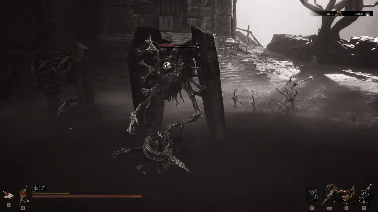 Combat trial in the misty Revenant Graves arena against a winged shield-bearing foe