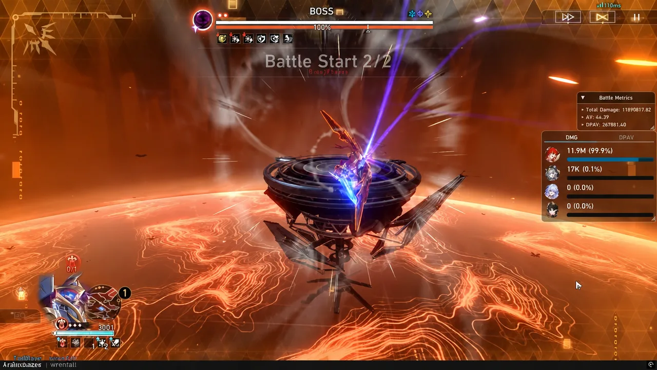 Boss health bar and Battle Metrics damage panel during the King in Check fight