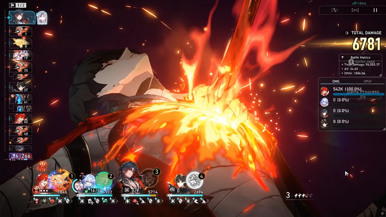 Fire attack hitting the first wave with the Total Damage panel reading 6781