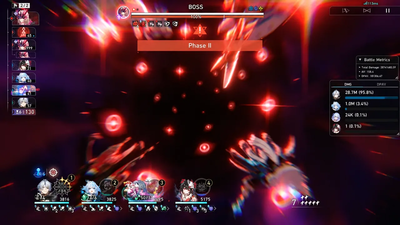 Boss Phase II attack animation with the Battle Metrics DMG tab open during the Sparkle run
