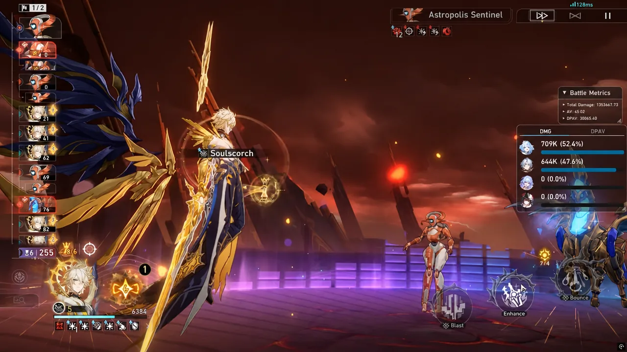 Astropolis Sentinel battle screen showing the Soulscorch effect active during the first wave