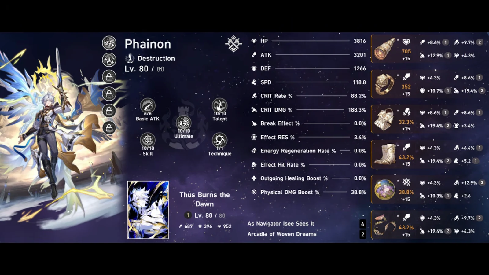 Phainon character screen at level 80 showing stats, traces, light cone and relics