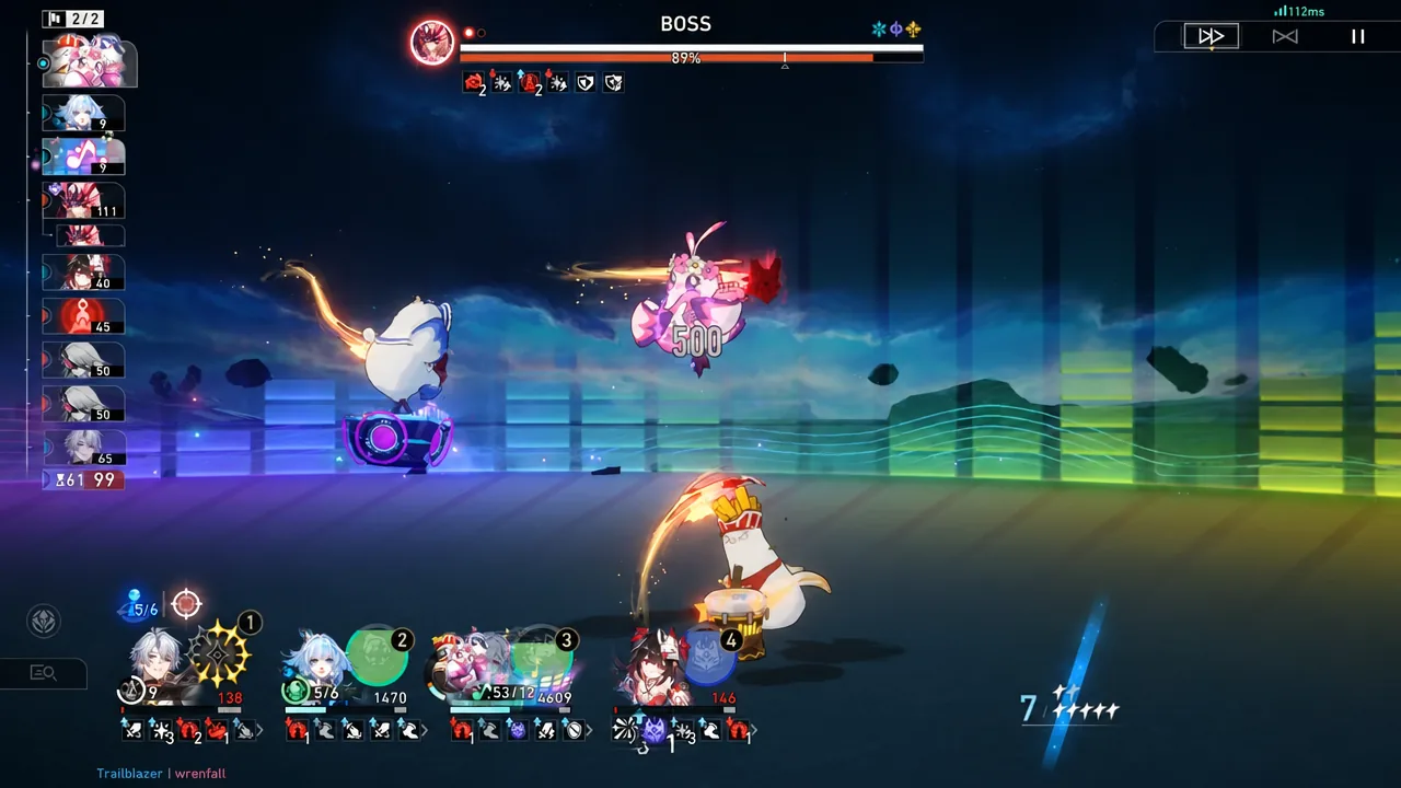 Boss suspended mid-air as a 500-point damage number lands on the party