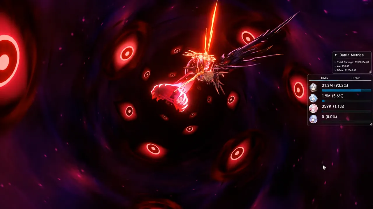 Battle Metrics panel open on the DMG tab as the boss attacks from the air