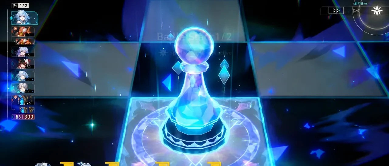 Battle Stage 1 of 2 loading screen with a glowing crystal chess piece at center