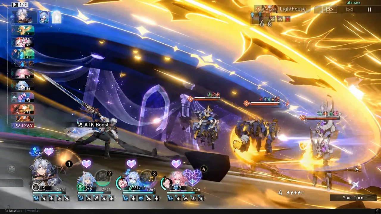 Turn-based combat screen with the Your Turn prompt as the party faces the opening wave