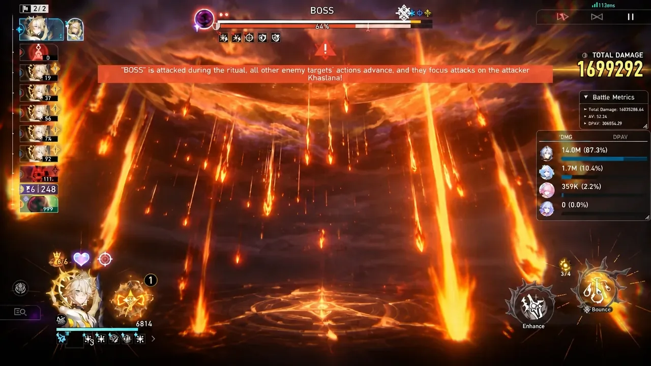 Boss health bar and red warning banner highlighted during the main King in Check encounter