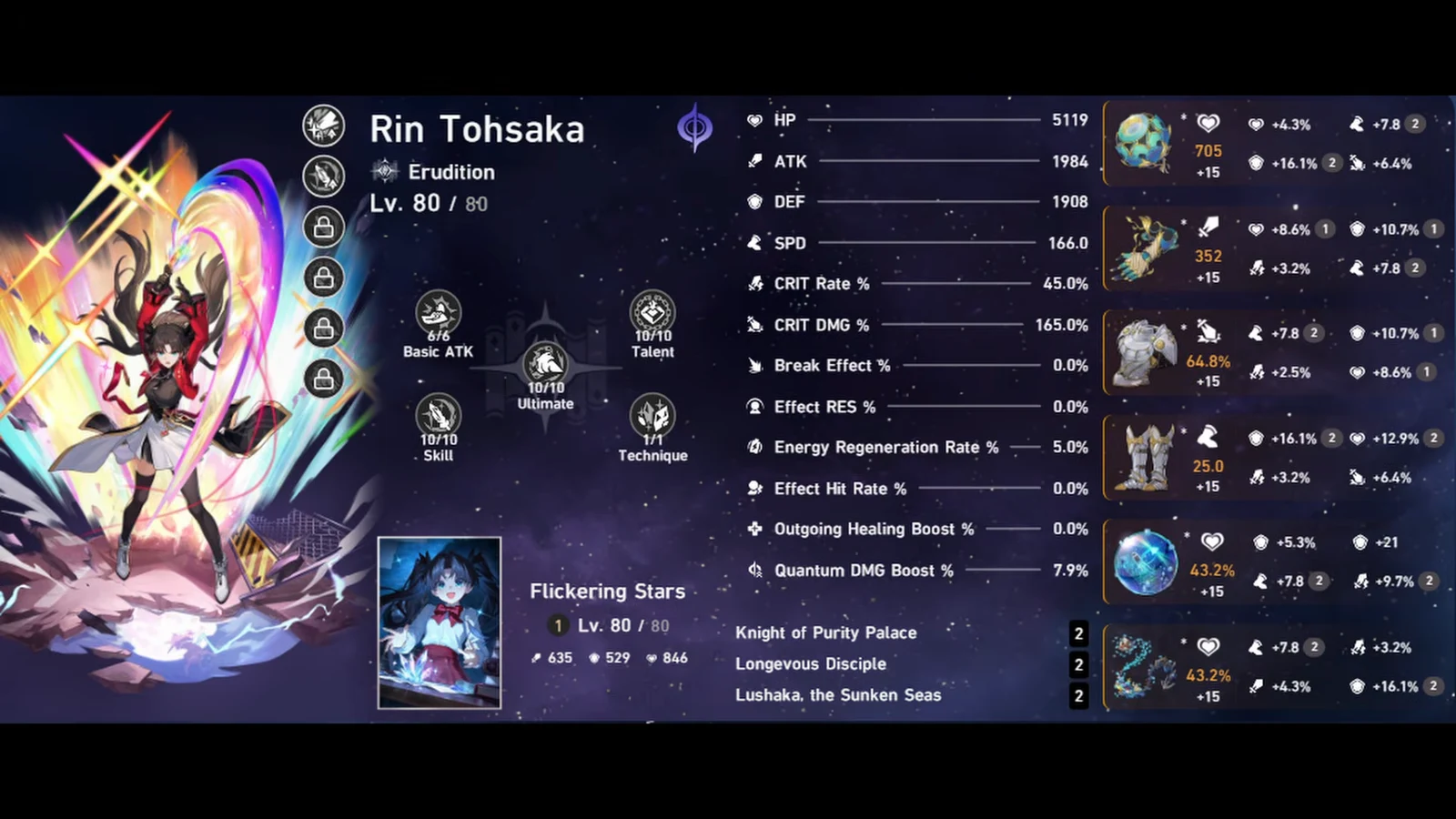 Rin Tohsaka's character details screen showing equipped relics and combat stats