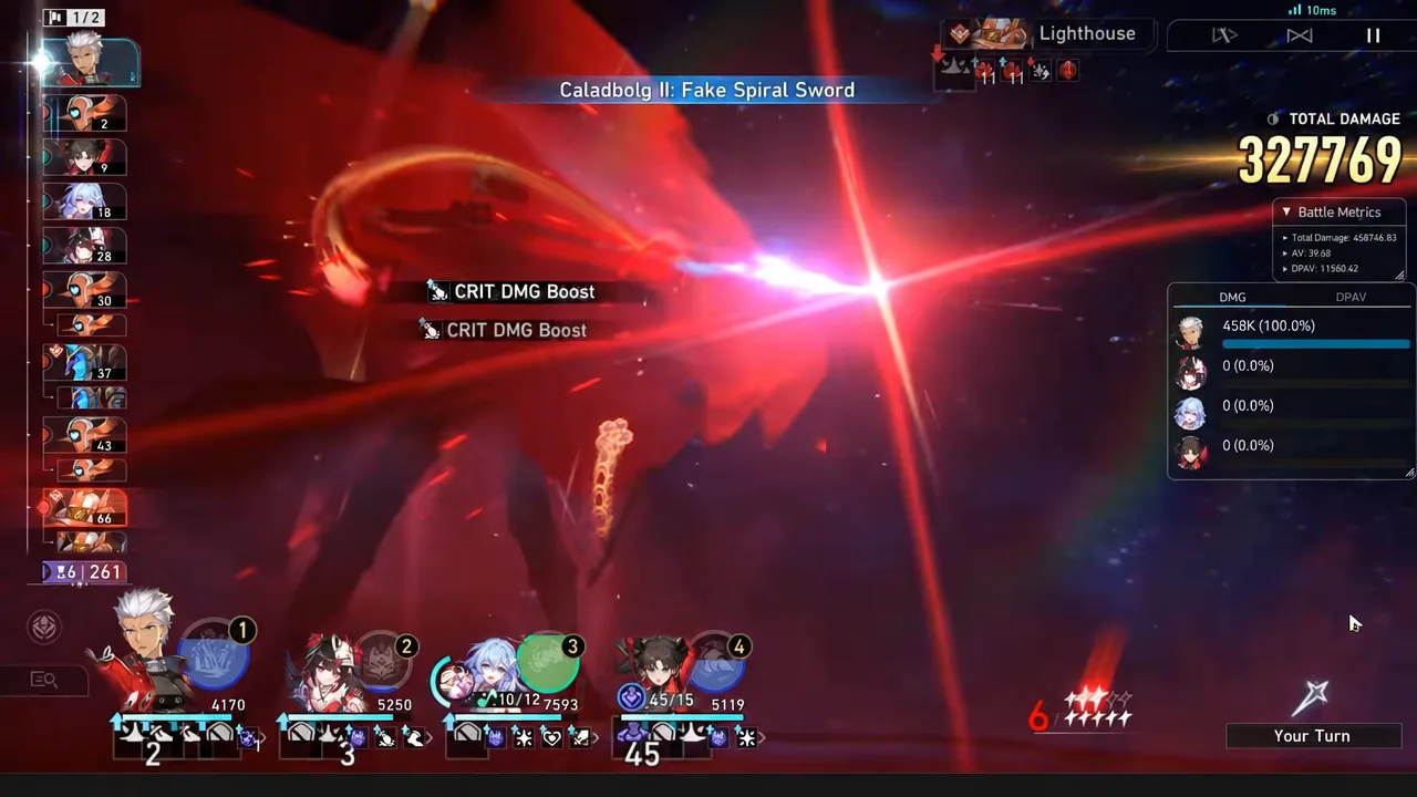 Caladbolg II: Fake Spiral Sword firing on the battle screen during Archer's enhanced Skill