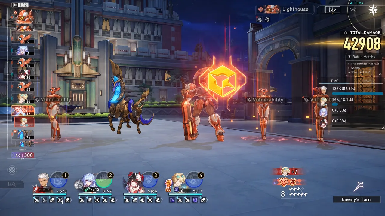 Lighthouse enemy taking its turn in wave one of Righteous Frontline, with a glowing cube attack effect