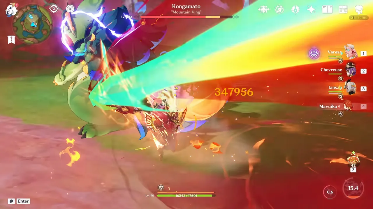 Kongamato Mountain King boss at level 103 taking a large hit during a Varesa team test