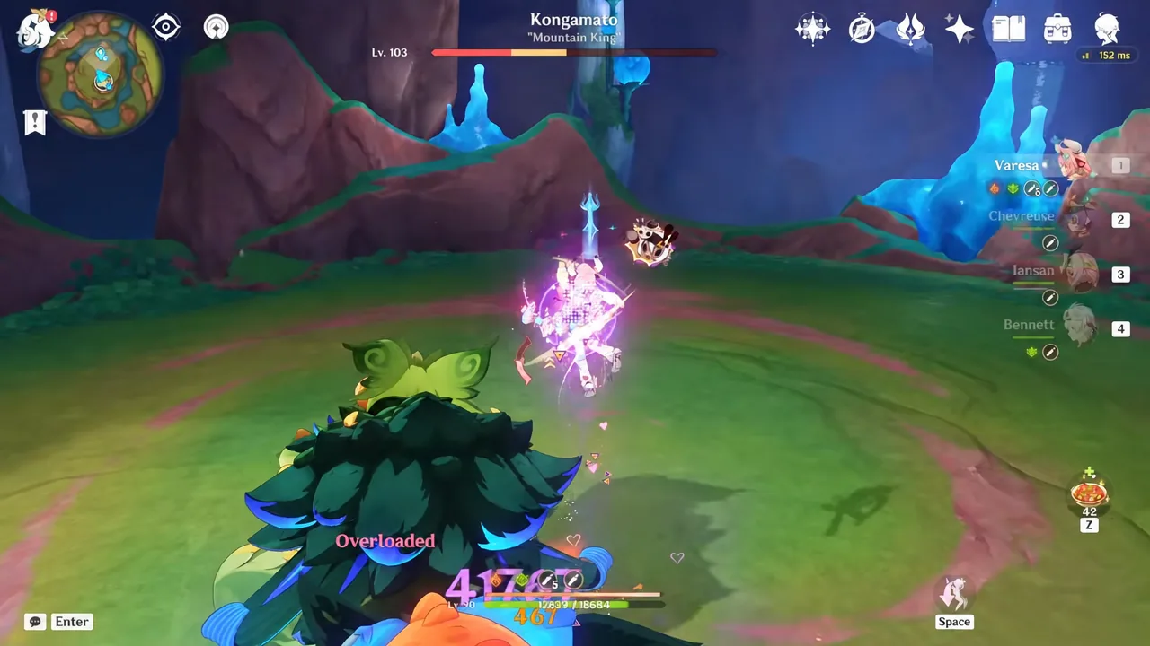 Overloaded reaction text appearing as the player hits the Kongamato boss