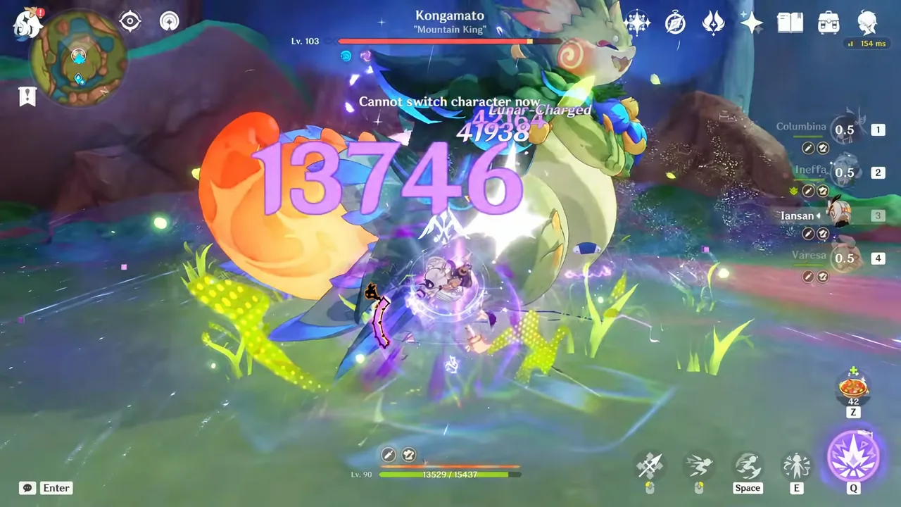 Elemental Burst button highlighted mid-fight against Kongamato, Mountain King