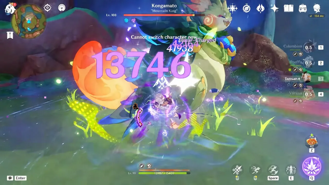 Iansan hitting the Kongamato boss while damage numbers and a Charged status appear