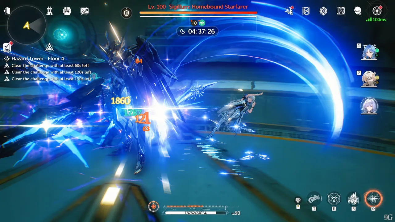 Qingxiao attacking the level 100 Sigillum: Homebound Starfarer on Hazard Tower Floor 4
