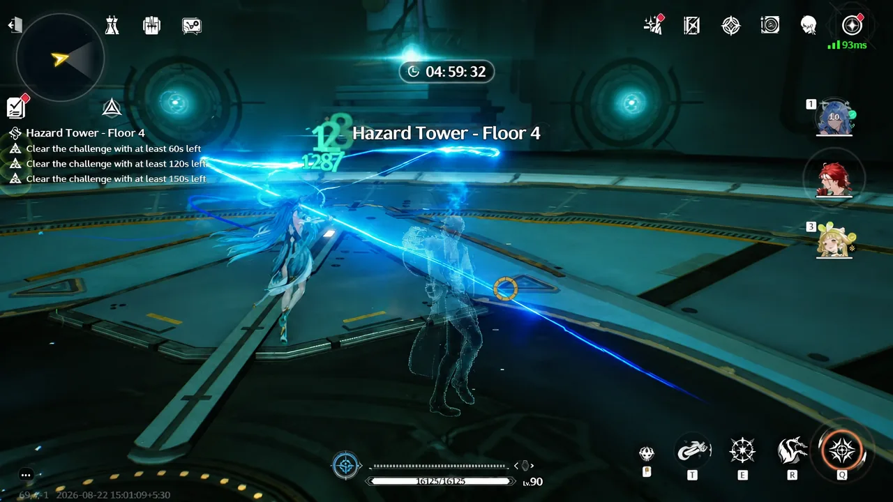 Hazard Tower Floor 4 timed challenge in progress with clear objectives listed on the left