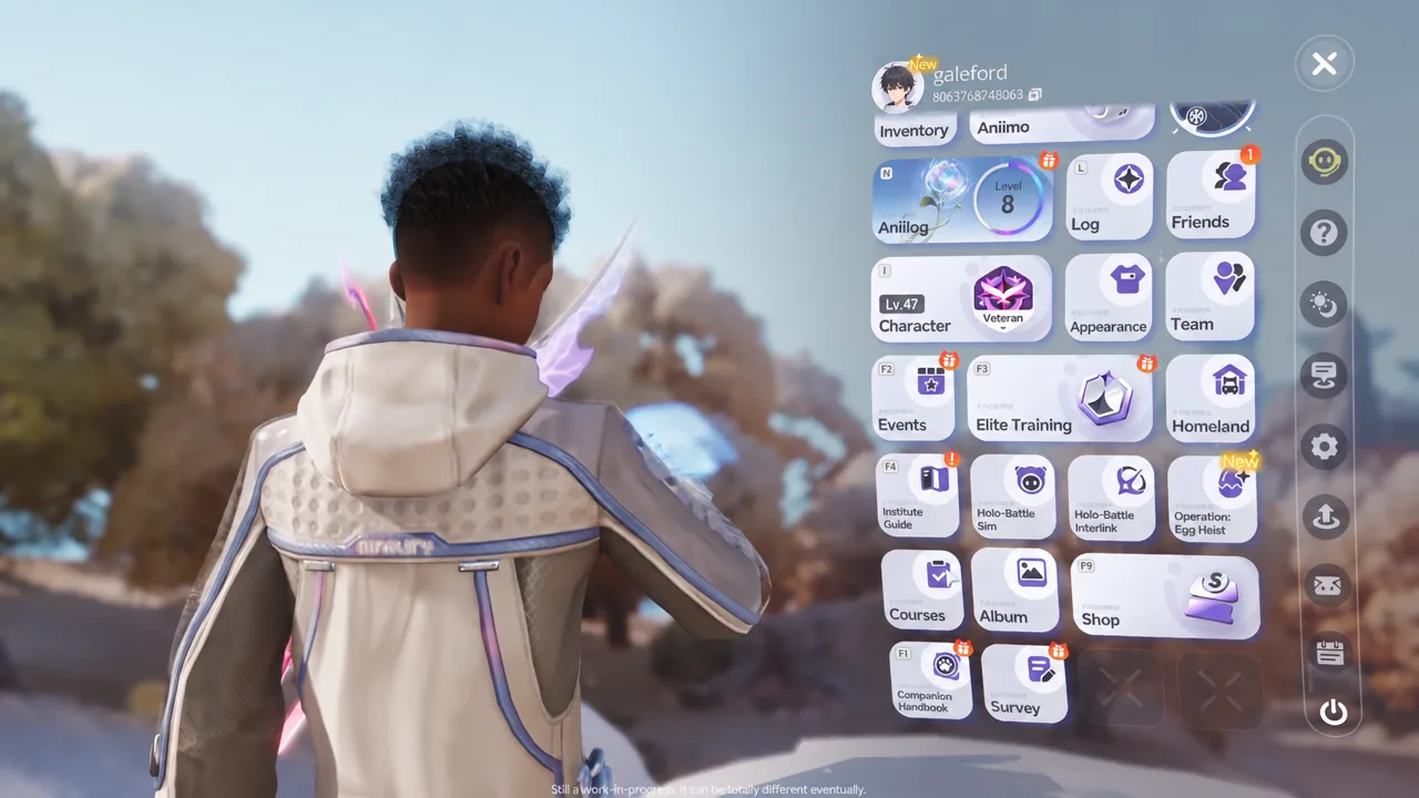 Aniimo main menu open on the Inventory tab with navigation options for other systems