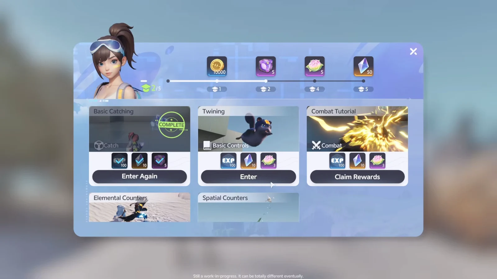 Courses screen showing the Twining lesson ready to enter beside completed catching and combat tutorials