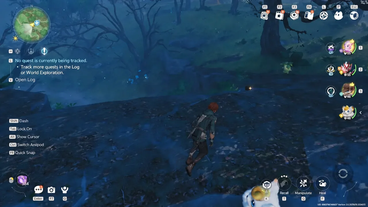 Wayfarer running through the overworld with the tracker reading no quest currently tracked