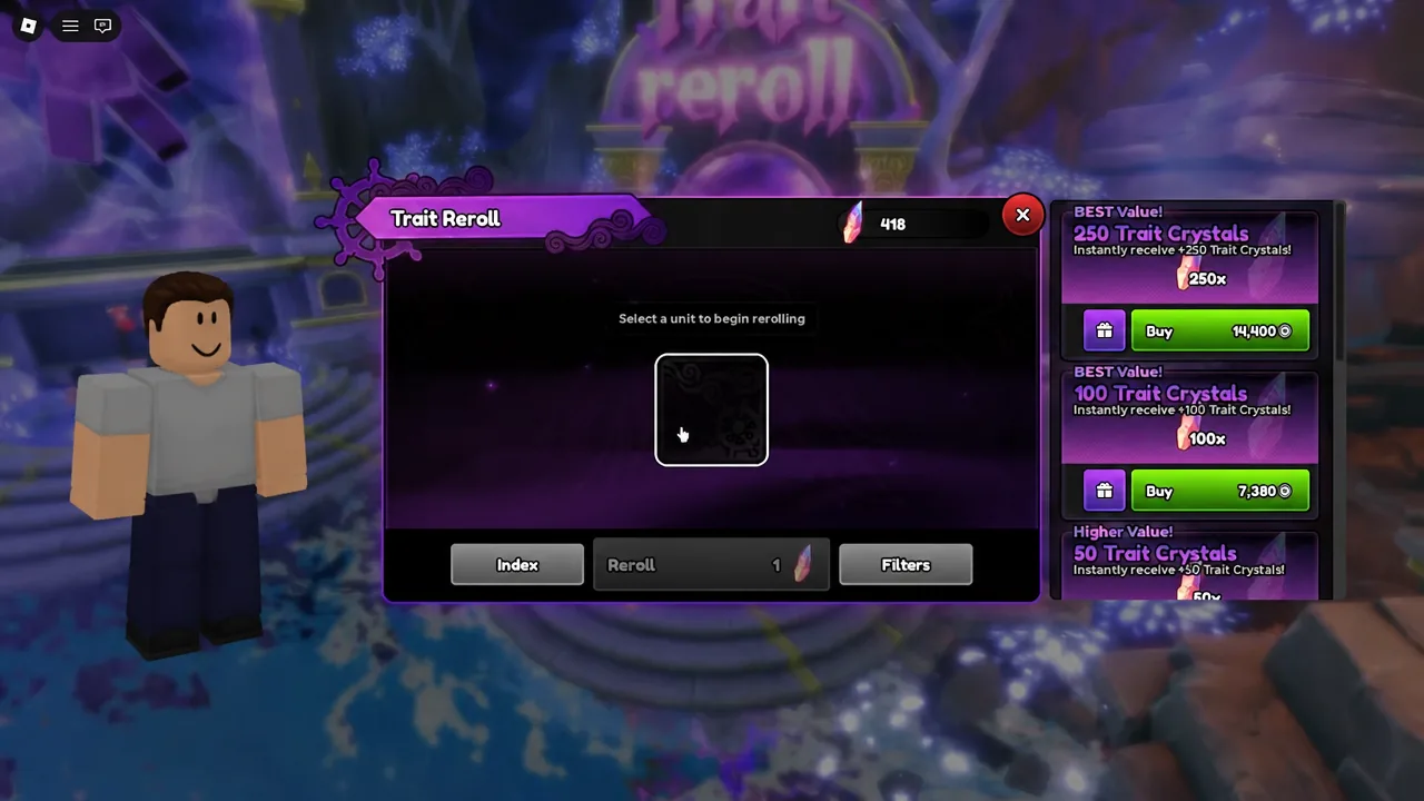 Anime Expeditions Trait Reroll screen with a unit card highlighted before a reroll