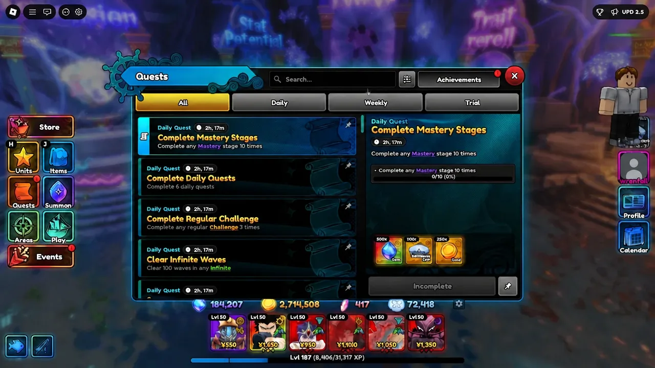 Anime Expeditions Quests menu open on the All tab with the Complete Mastery Stages quest selected