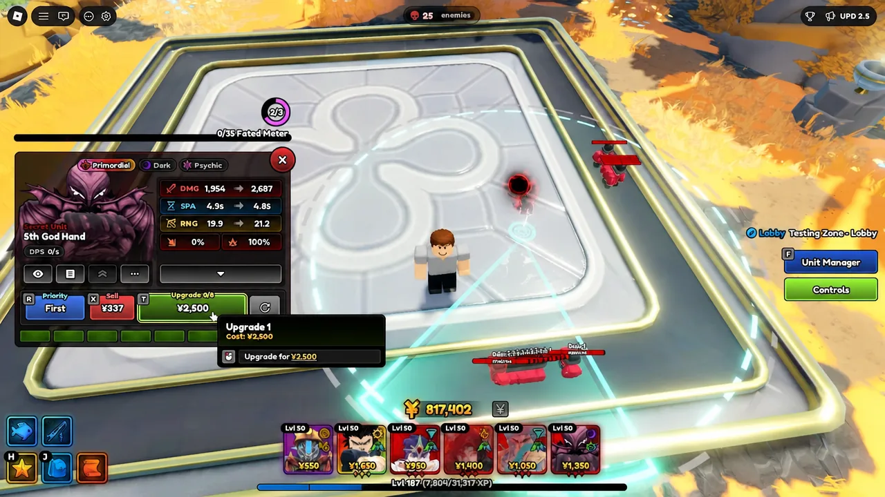 5th God Hand fully upgraded in Anime Expeditions with the Calamity attack effect on screen