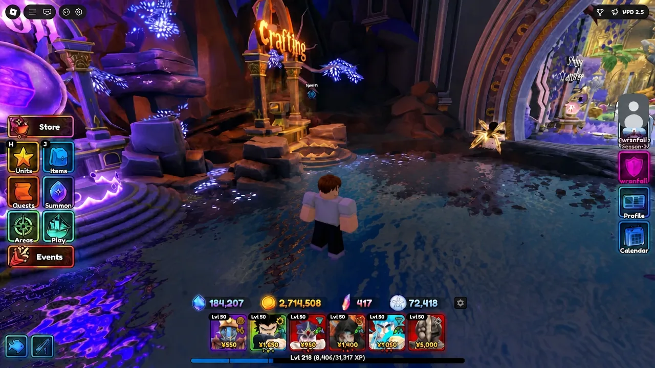 Anime Expeditions lobby with the Store button highlighted and the crafting area ahead of the player