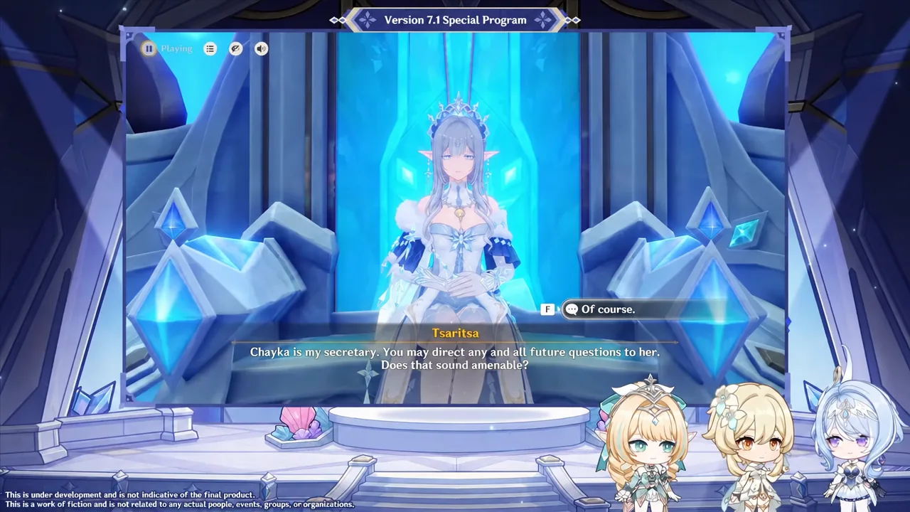 Dialogue screen with the response option “Of course.” highlighted during a Tsaritsa conversation