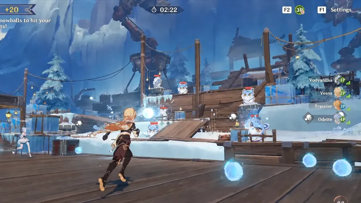 Timed snowball mini-game in progress with the player hitting targets across a snowy field