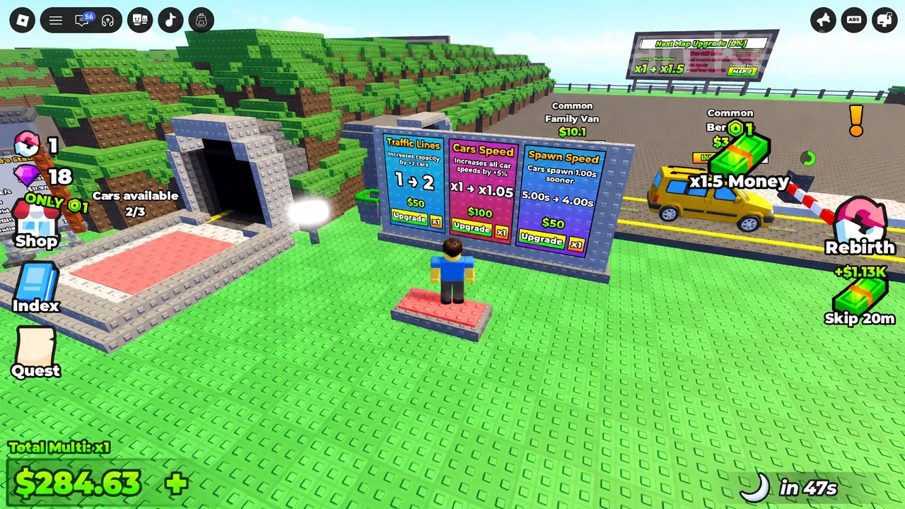 Upgrade panel with Traffic Lines, Car Speed and Spawn Speed levels and prices