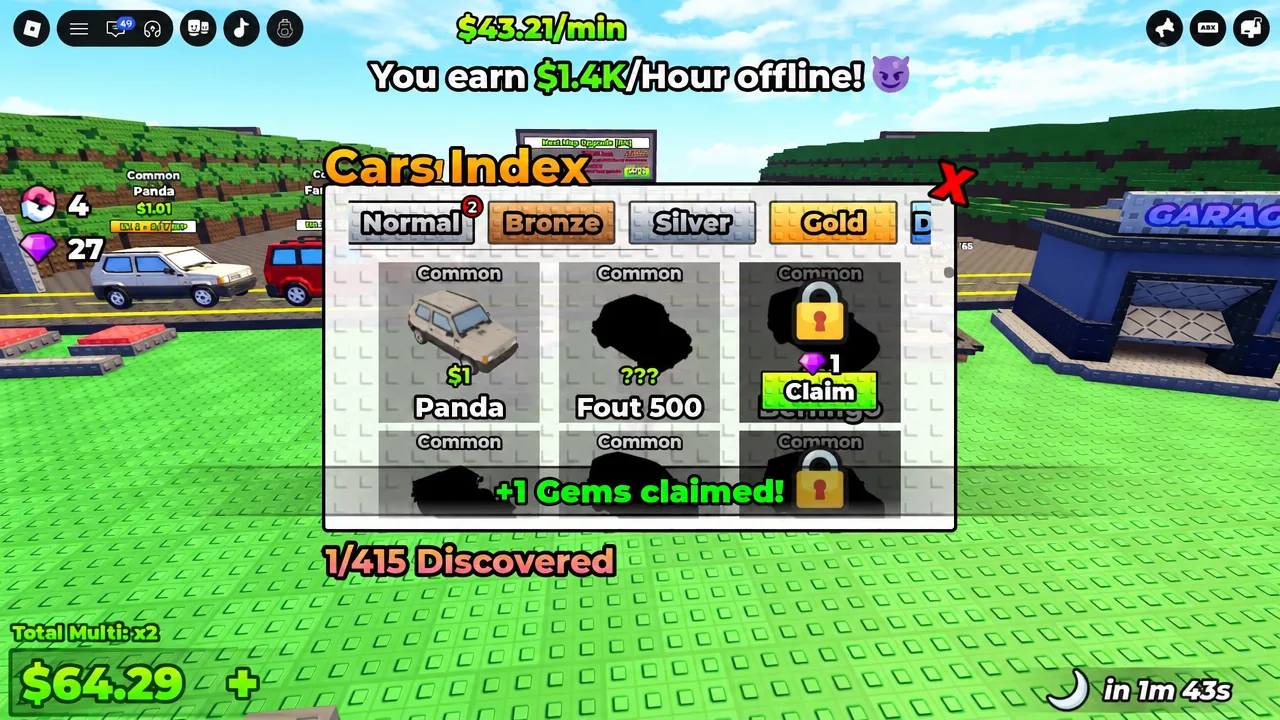 Cars Index entry with a Gold reward and a Claim button granting one gem